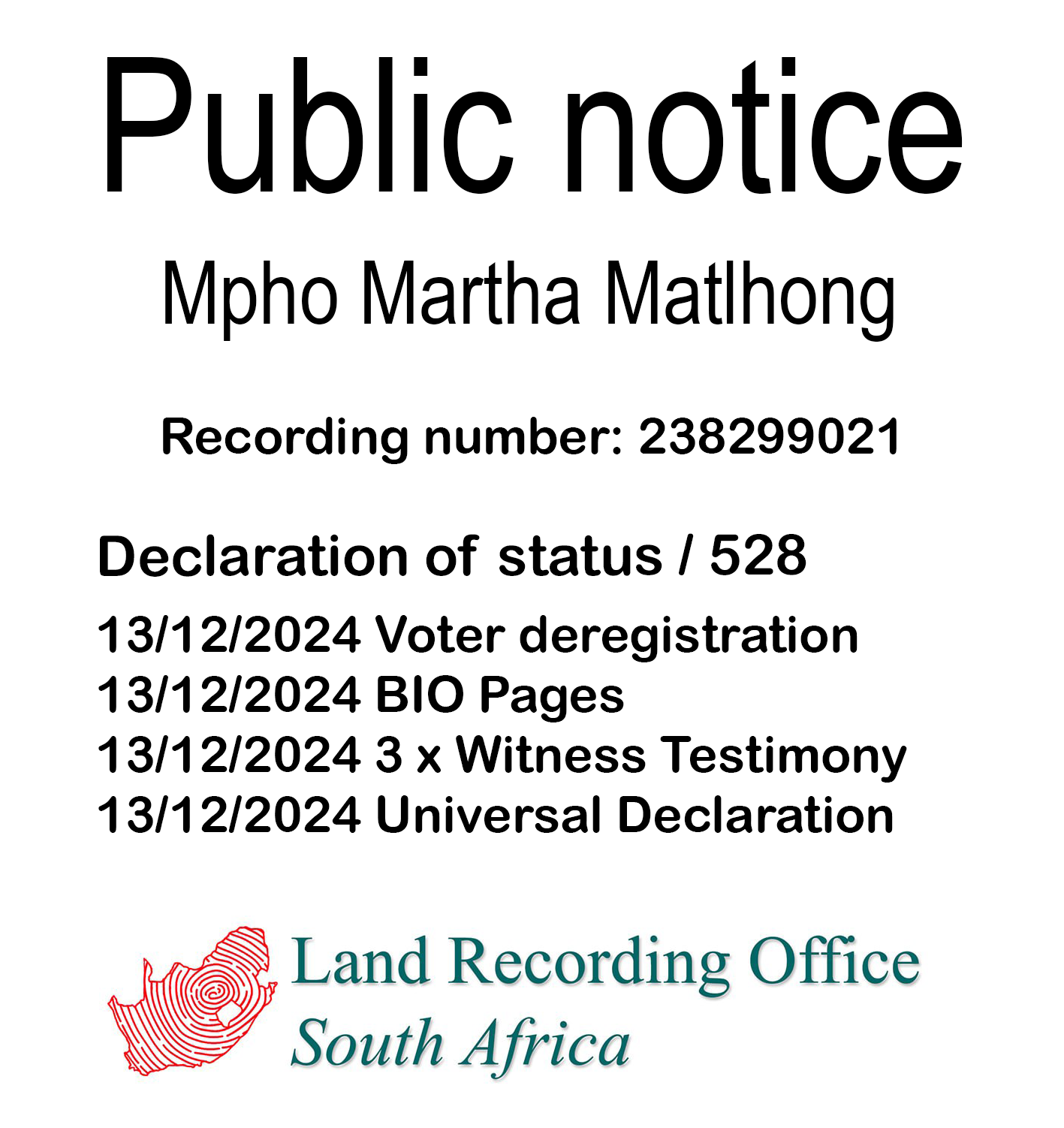 Public notice Mpho Martha Matlhong Recording number 238299021